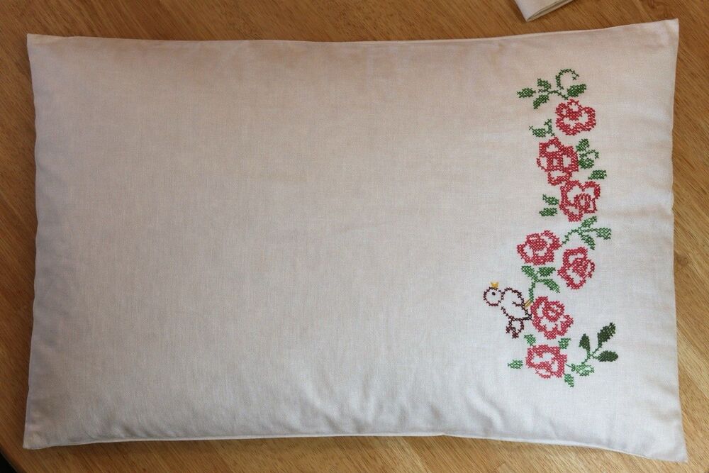 Vintage Cannon Muslin Pillowcases Pair Rose Bird Applique USA Cotton Set 2